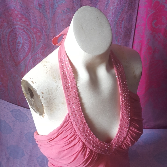 2/$35 Bebe Coral Pink Beaded Ruched Silk Halter Top - Picture 10 of 16